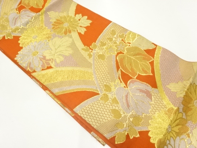 JAPANESE KIMONO / ANTIQUE FUKURO OBI / WOVEN KIKU & PAULOWNIA